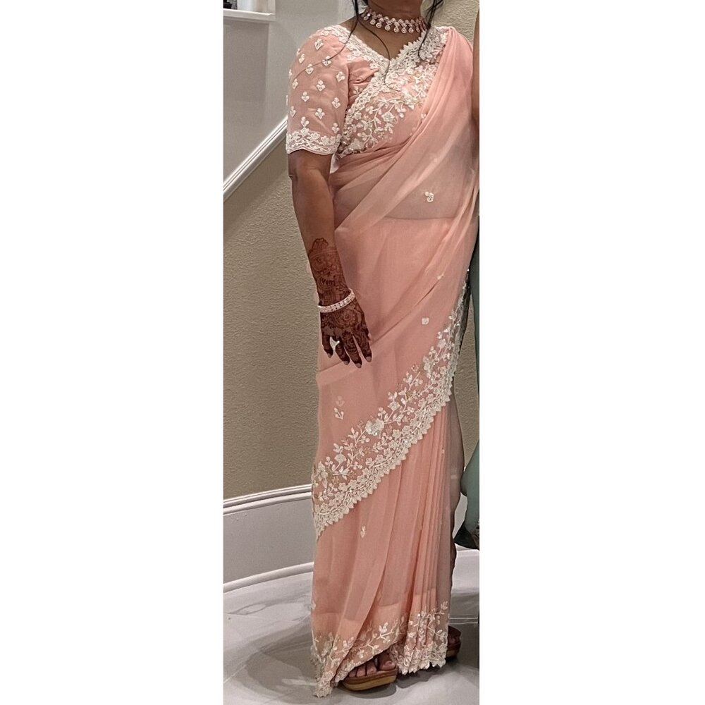 Modern peach organza heavy saree dana ready to wear blouse size M party wear